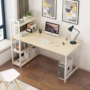 Modern White Office Desk with Bookshelf