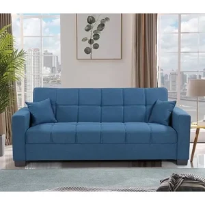 Three-Seat Blue Fabric Sofa Bed
